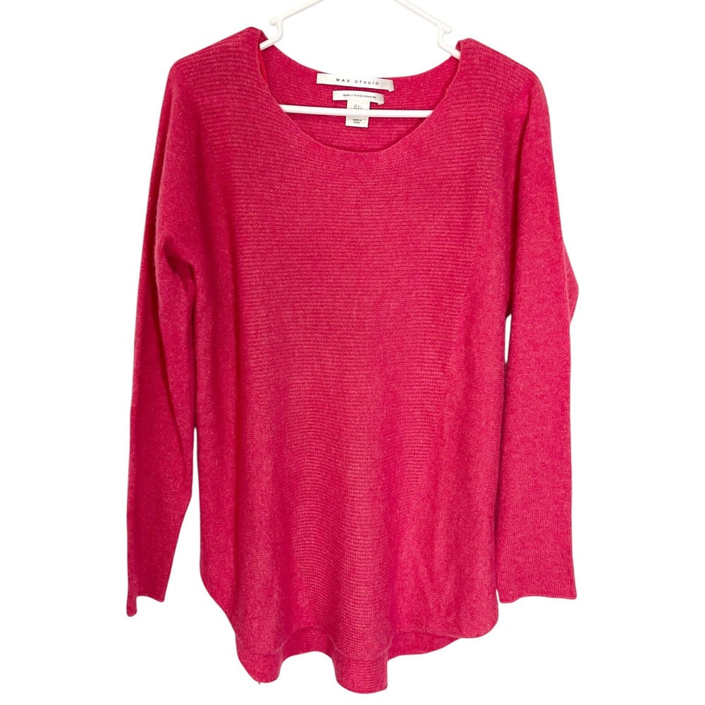 Max Studio L Pink Cashmere Sweater Ribbed Knit High Low Hem Barbiecore Luxury